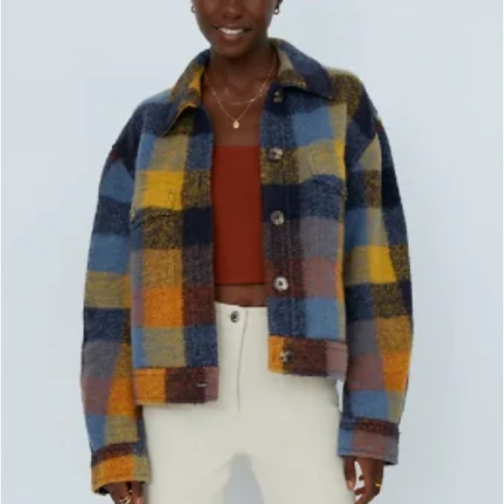 House of Harlow 1960 Women’s Blue Orange Plaid Cropped Button Front Shacket S
